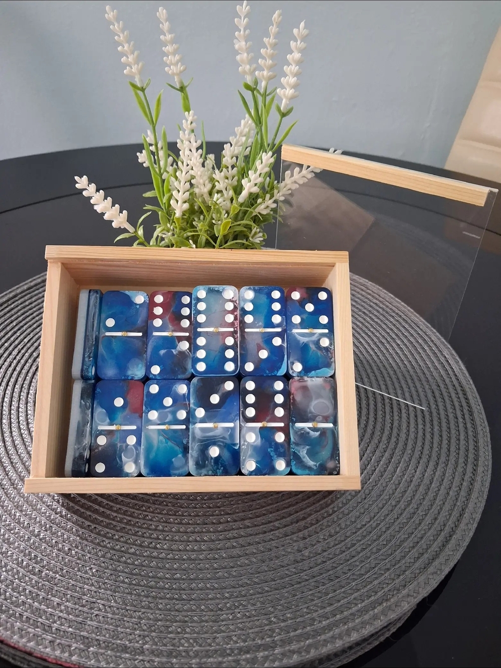 Blue Marble Acrylic Domino Set with Wooden Case